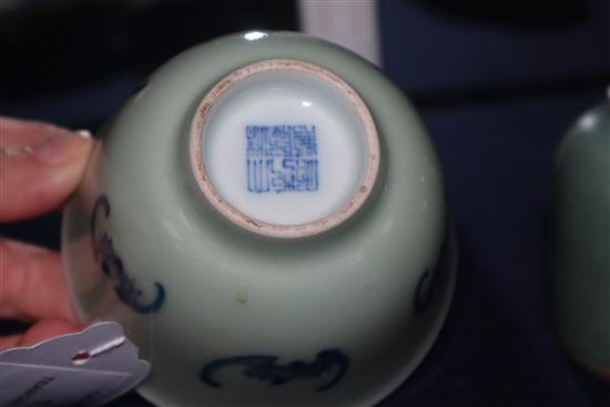 A Chinese blue and white tea bowl and a Chinese green glazed ink pot tallest 6cm